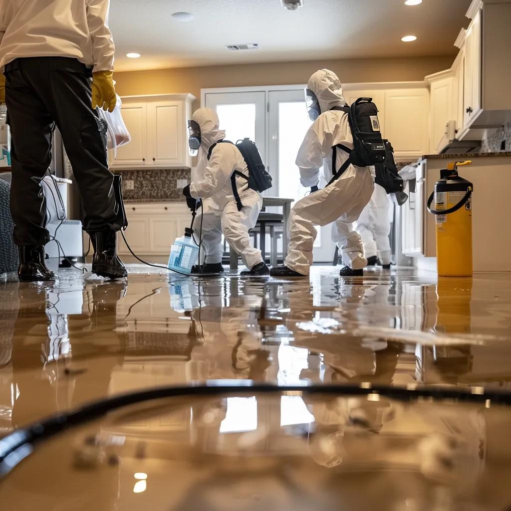 Emergency restoration team assessing water damage in a home