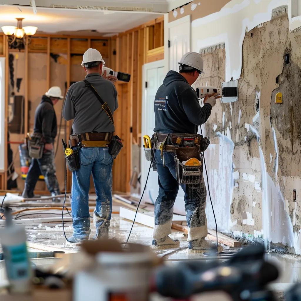 Three emergency damage assessment professionals in hard hats and work attire using power tools to assess and restore a water-damaged interior, with exposed walls and construction debris visible.