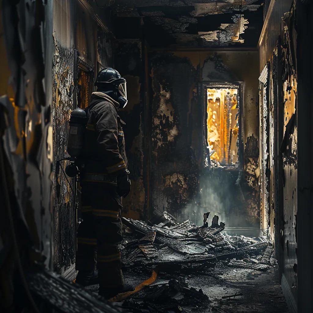 Inspector examining fire damage with charred walls and soot stains