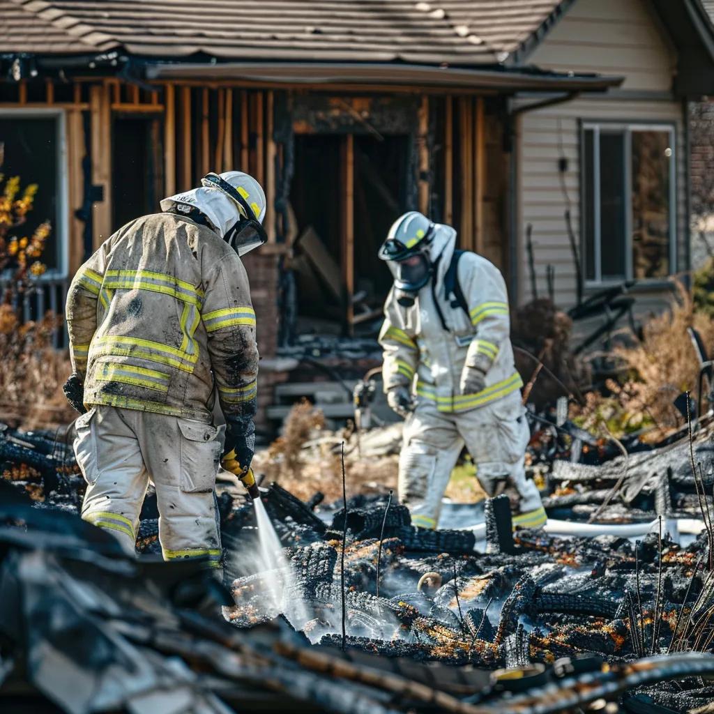 Fire damage restoration team assessing a charred home with professional equipment