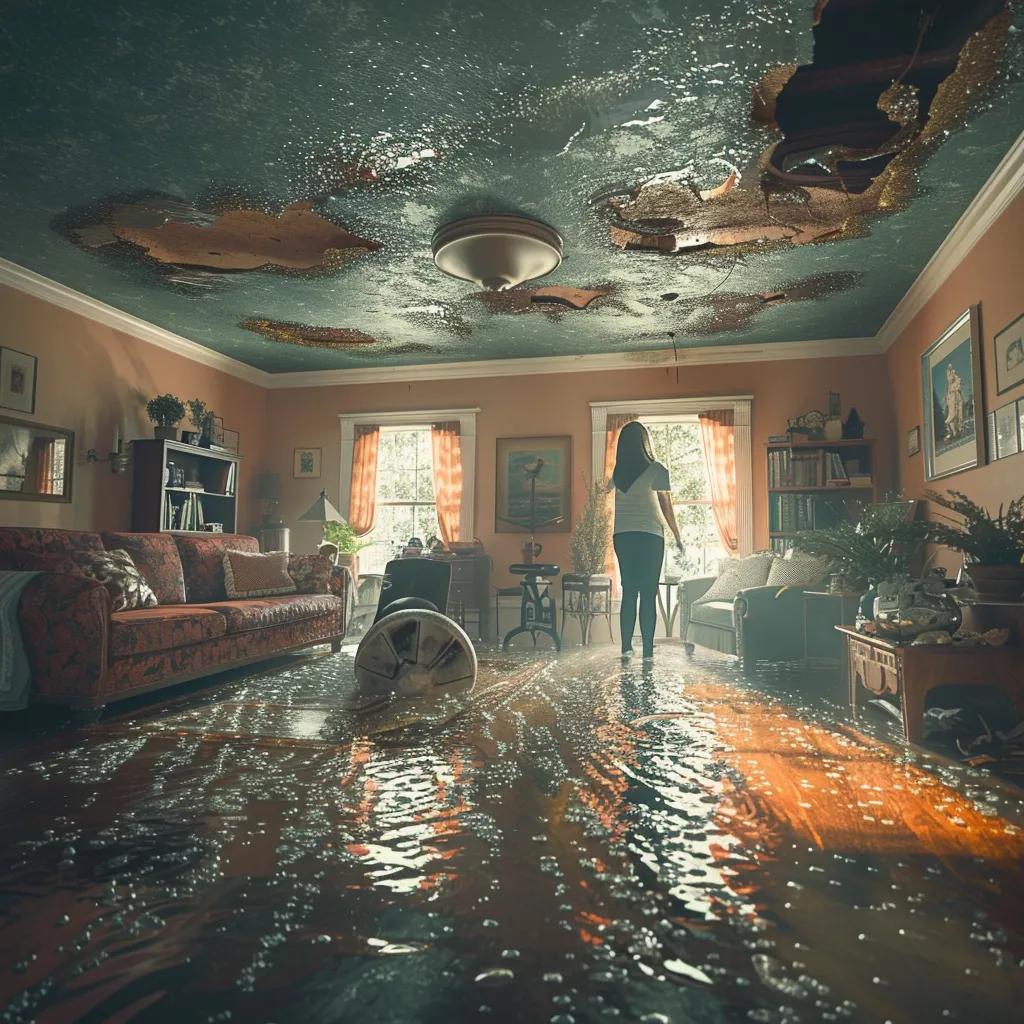 Homeowner assessing water damage in living room with visible stains