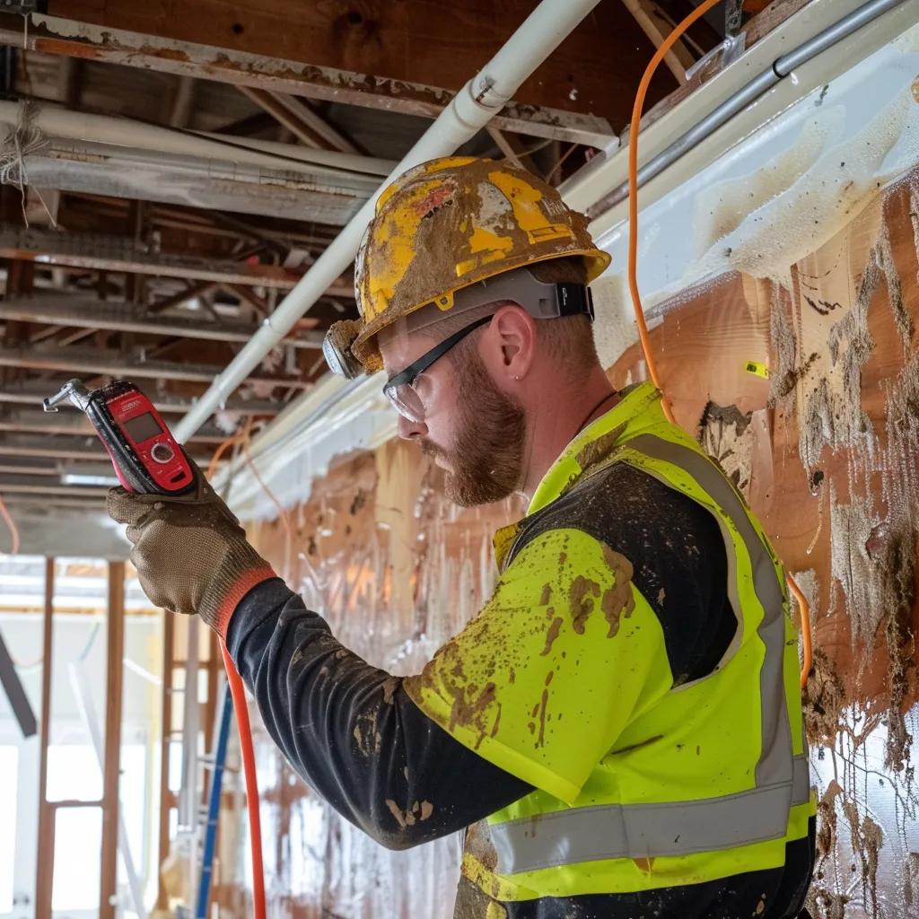 Contractor conducting a moisture assessment in a storm-damaged commercial property