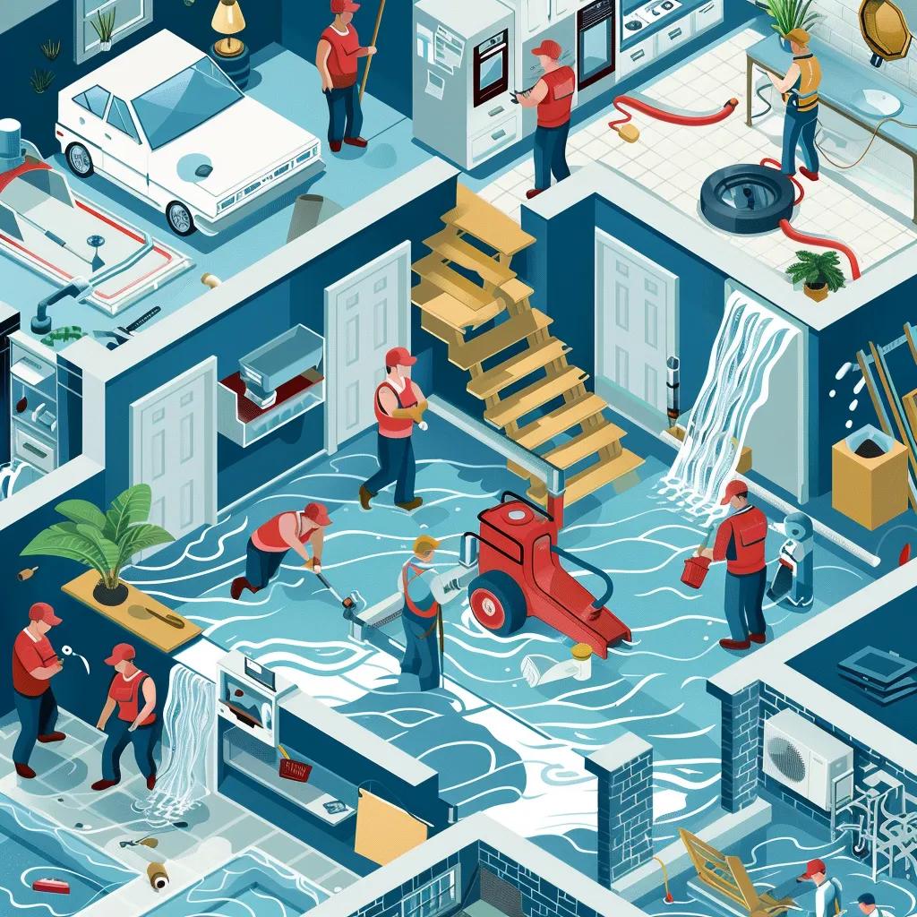 Step-by-step water damage restoration process in a residential setting