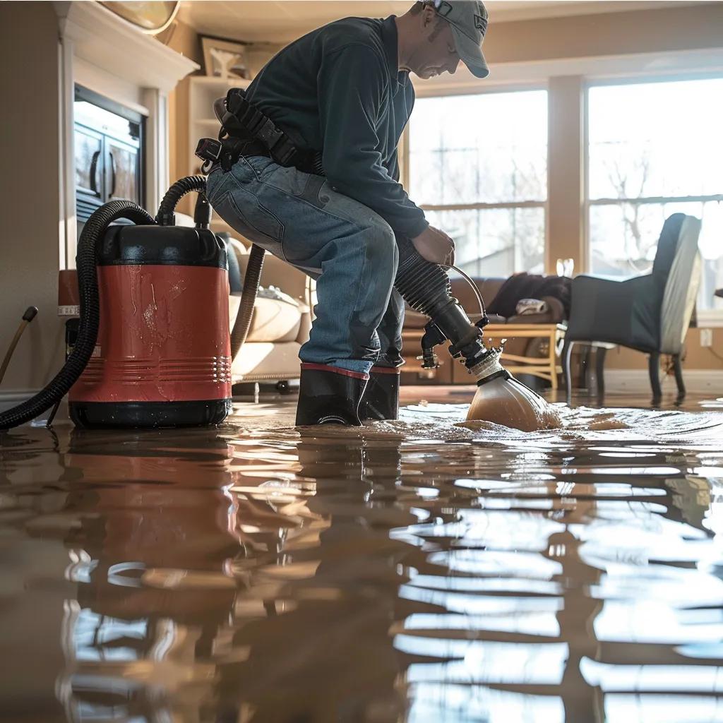 Technician extracting water using a submersible pump in a flooded home