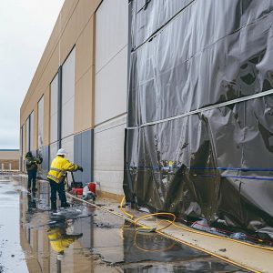 Commercial storm repair contractors assessing storm damage on a large building