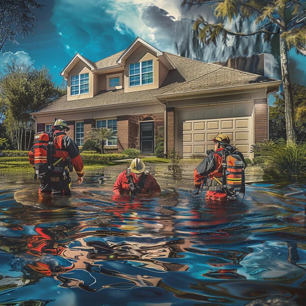 Emergency responders in flood gear assessing water damage outside a residential home, highlighting rapid response efforts for disaster recovery.