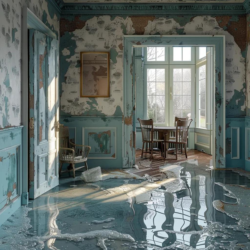 Visible signs of water damage including stains and peeling paint