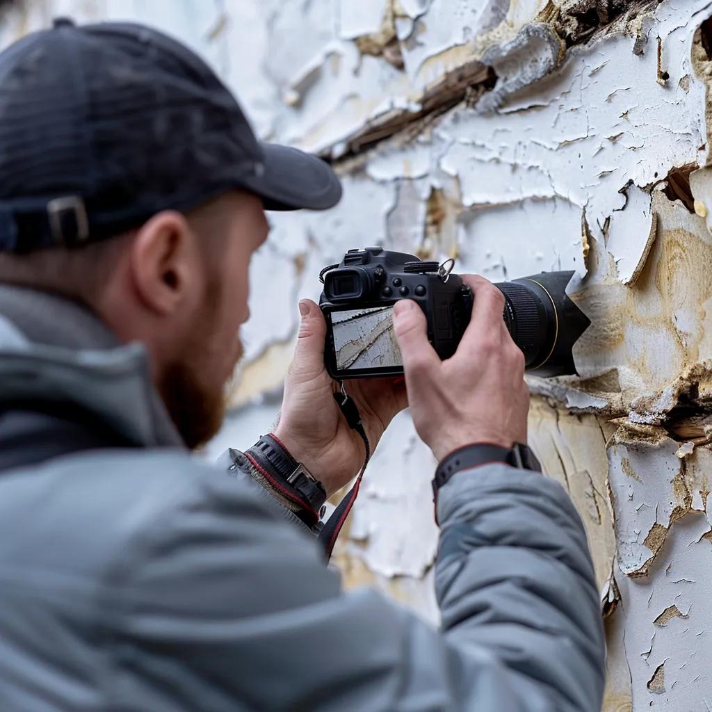 Contractor documenting storm damage for insurance claims with a camera