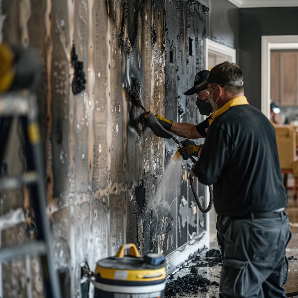 Fire damage restoration team cleaning soot from a wall in a home
