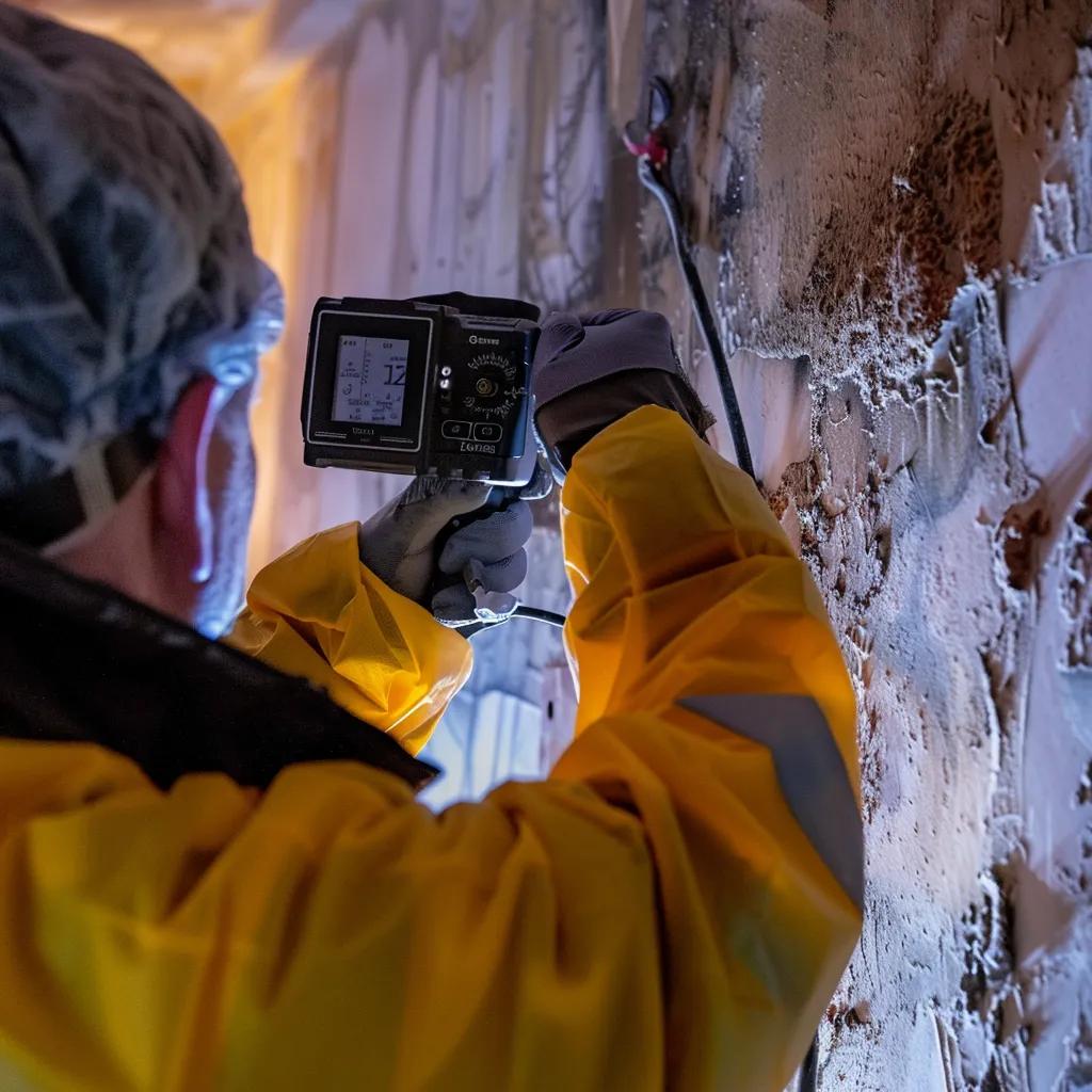 Certified mold inspector using infrared camera and hygrometer for mold assessment