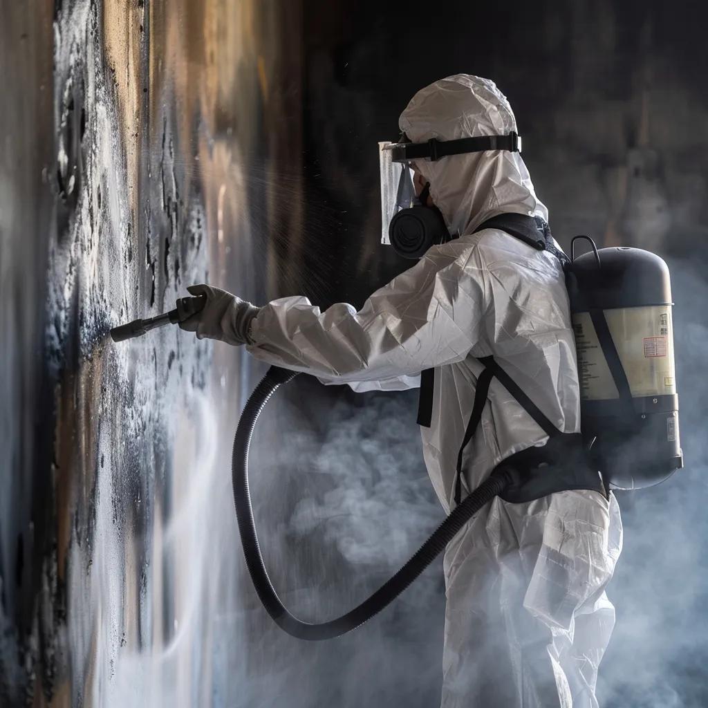 Technician using HEPA vacuum for fire damage cleanup