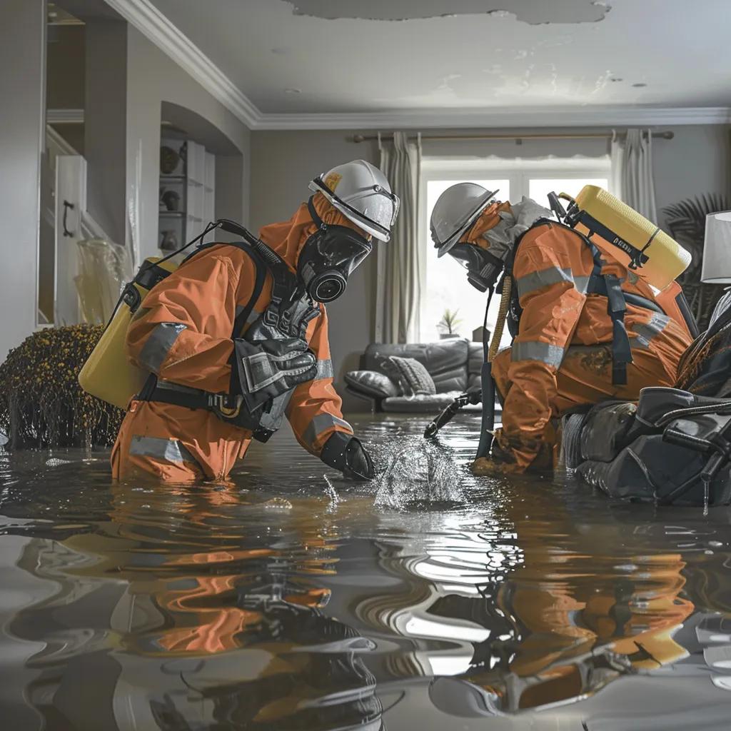 Professional water damage cleanup team extracting water from a flooded home