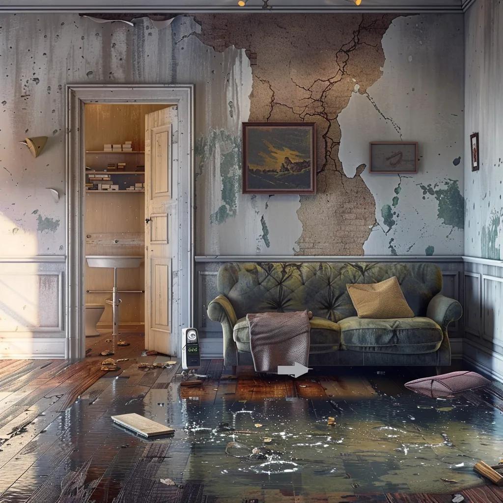 Visible signs of water damage in a living room with a moisture meter