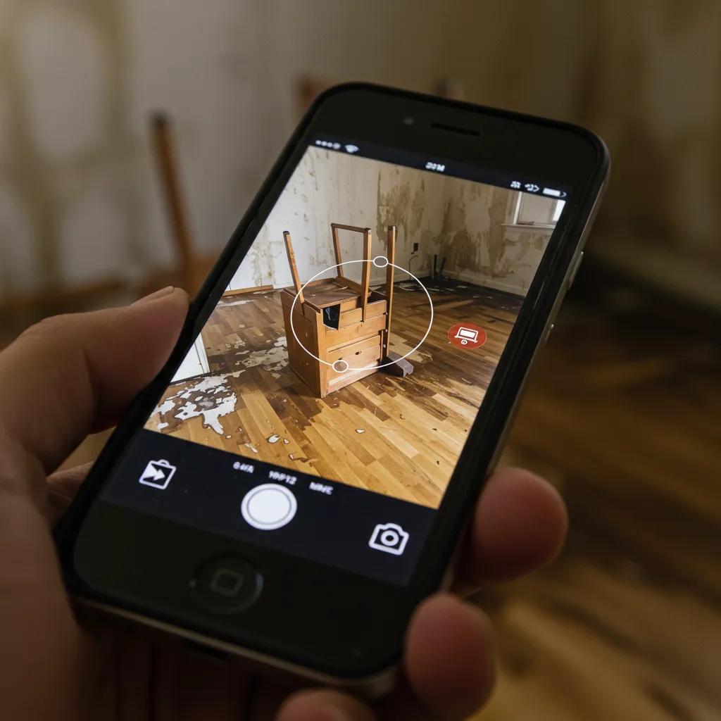 Documenting water damage: Close-up of a smartphone capturing detailed photos of water-damaged items for insurance claims