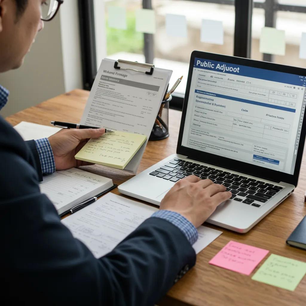 Public adjuster preparing water damage claim documents at a desk