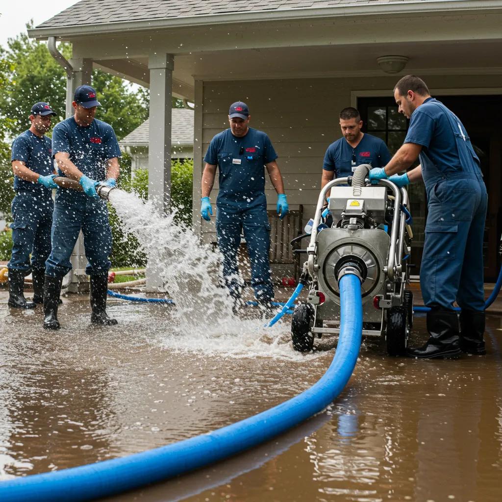 Professional restoration team extracting water from a flooded area, demonstrating effective water damage restoration services