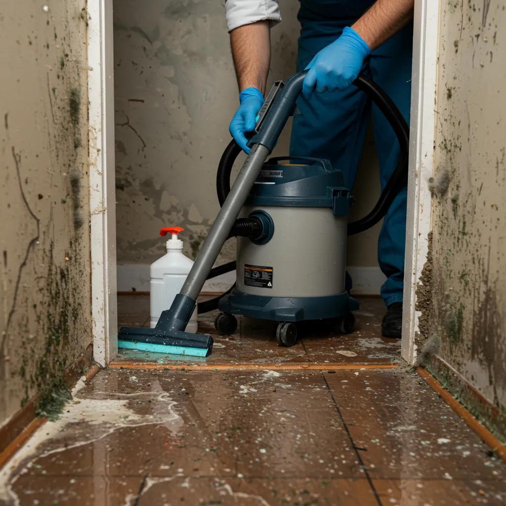Technician conducting mold remediation in a water-damaged area