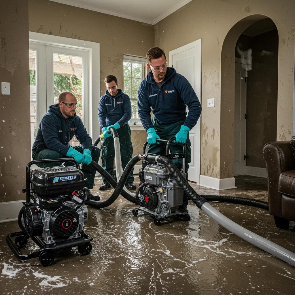 Technicians performing emergency water extraction in a flooded home