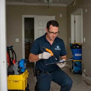 Water damage restoration technician assessing damage in Miami-Dade County