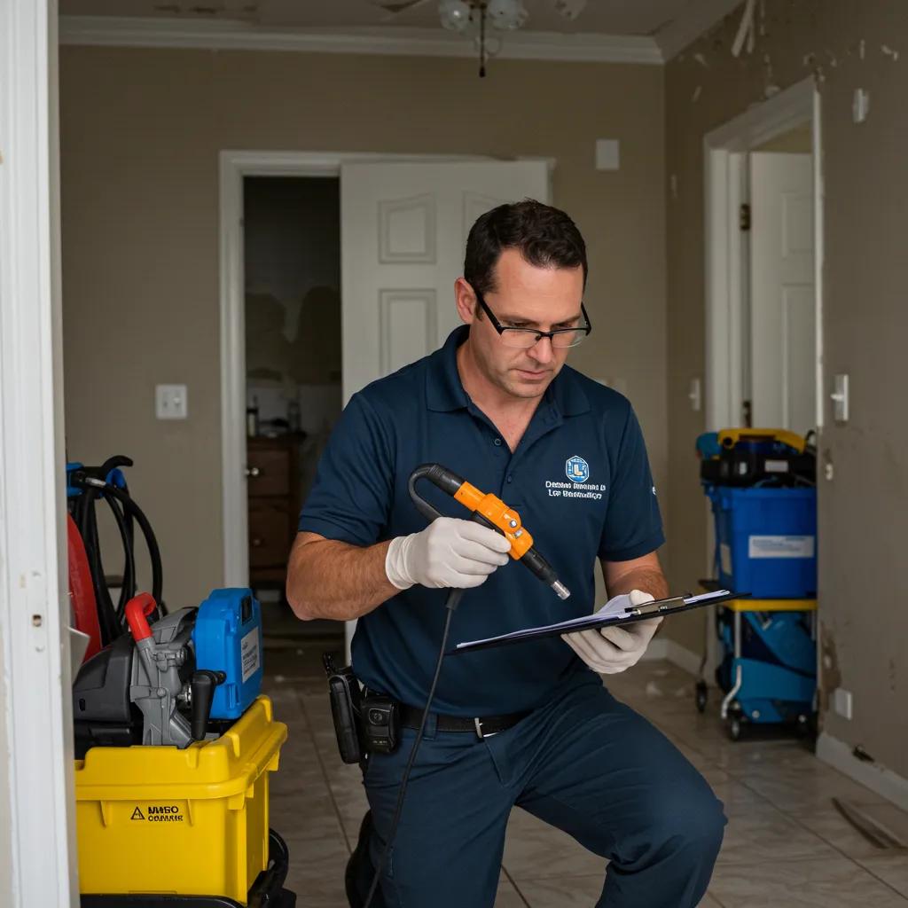 Water damage restoration technician assessing damage in Miami-Dade County