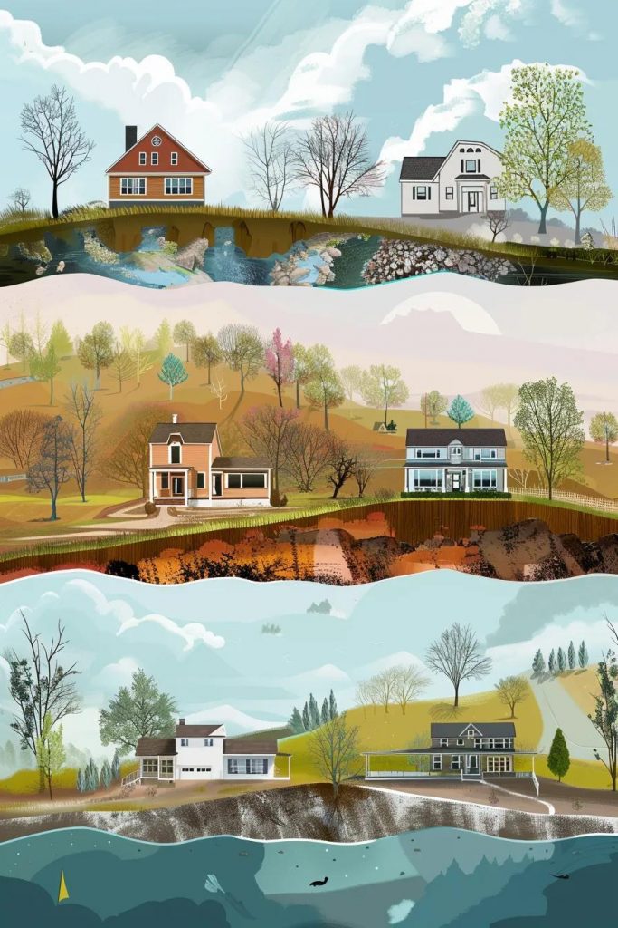 Illustration of different FEMA flood zones showing risk levels in a landscape