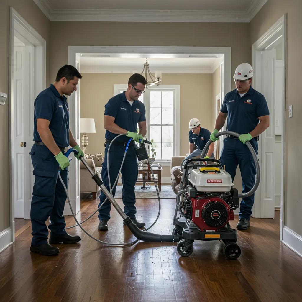 Emergency restoration team working on water damage in a flooded home