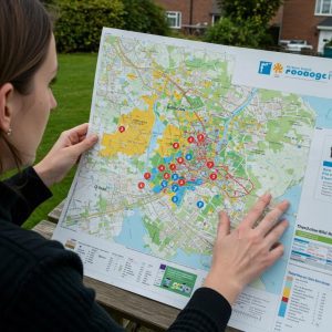Flood map highlighting risk zones with a person analyzing the data