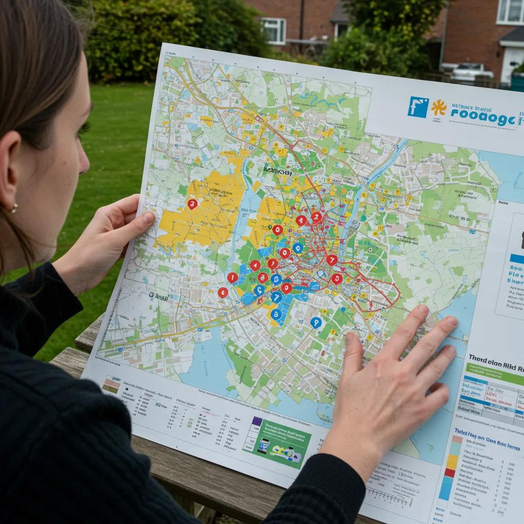 Flood map highlighting risk zones with a person analyzing the data