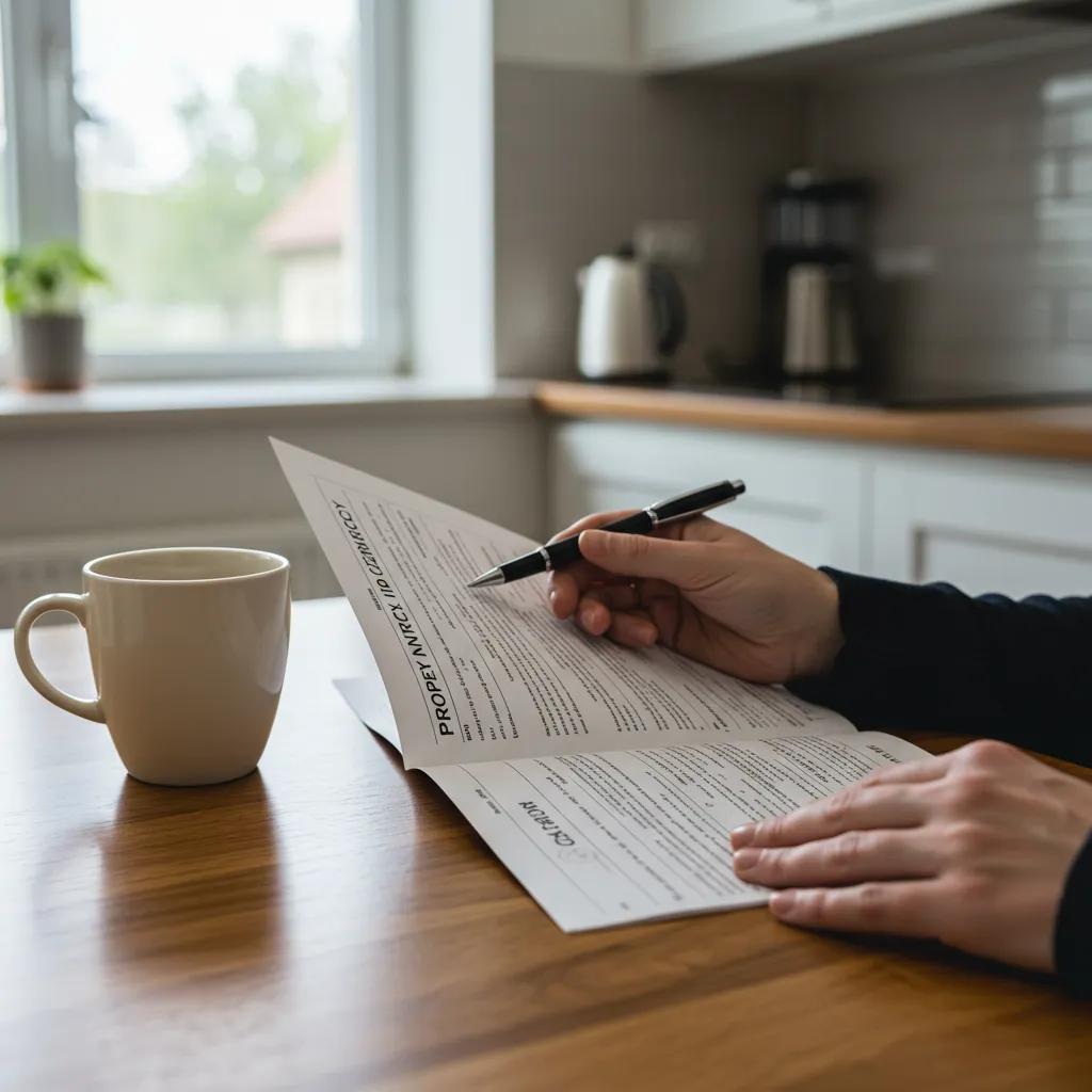 Property owner reviewing insurance policy at home, emphasizing financial preparedness and security