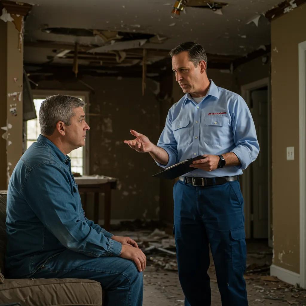 Restoration expert assisting property owner with insurance claims in a damaged home, highlighting the claims process